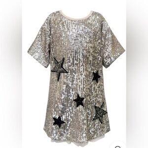 Hannah Banana 6X Silver Sequin Dress with Black Star Accents